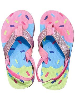 Girls Flip Flops Elastic Back Ice Cream Glitter Pink Size 1-2